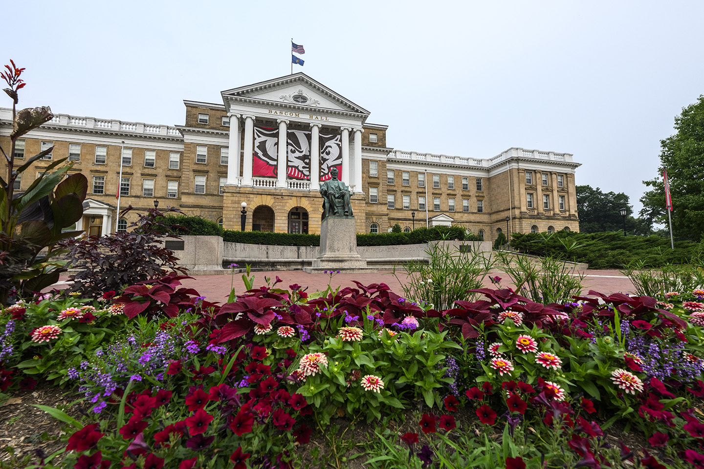 An arrangement of flowers with Bascom Hall featured in the background