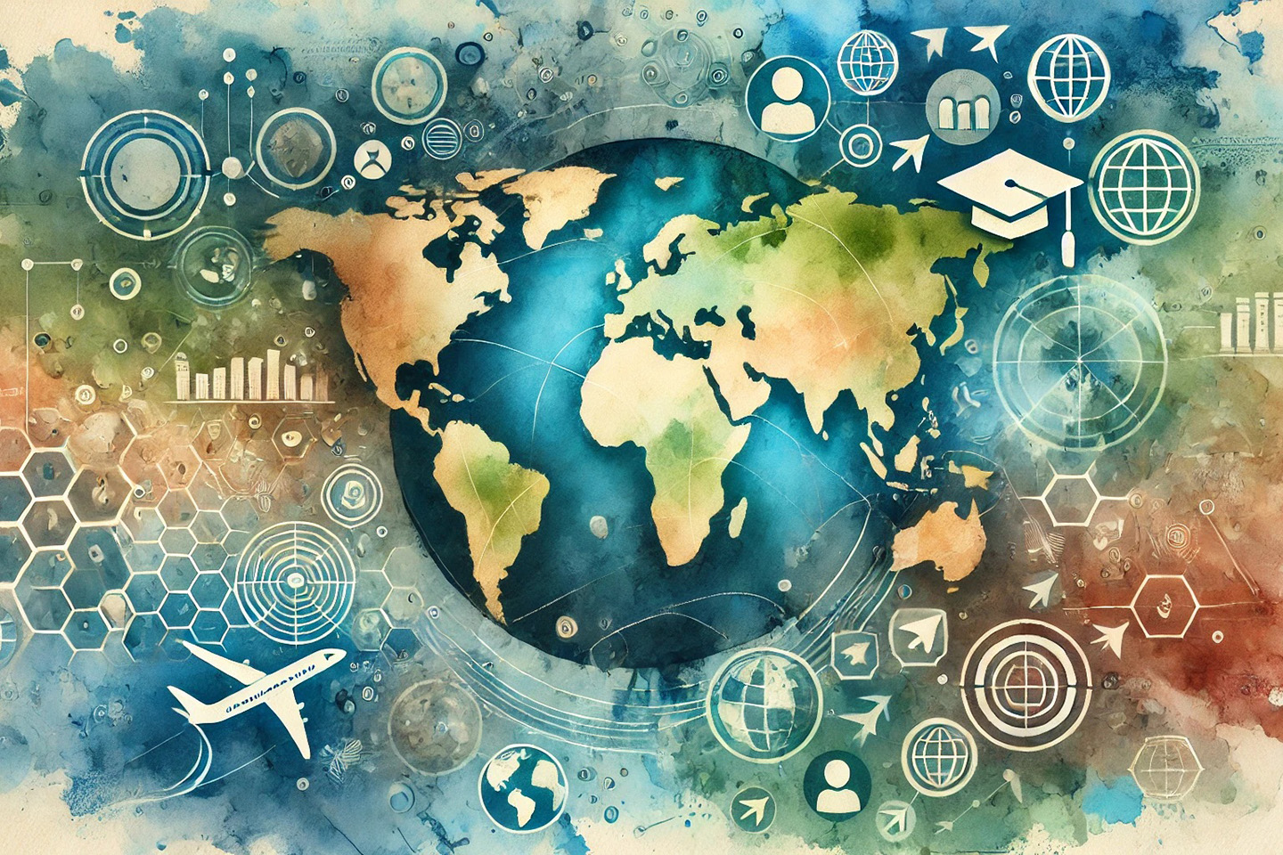 Stylized image of a globe with various iconography connected to academia and travel